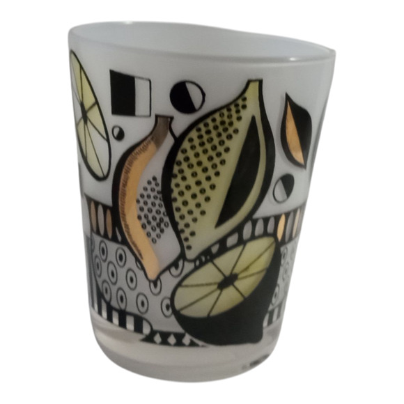 One Vtg MCM Georges Briard Fruit Black Gold Frosted Rocks Old Fashioned Lowball - Picture 1 of 10